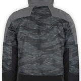 Boulder Gear Impact Tech Insulated Jacket 2022-2023 - A black and grey camouflage patterned jacket with a hood, featuring a zippered front and two side pockets.