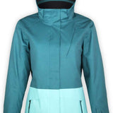 Boulder Gear Women's June Insulated Jacket 2022-2023 - A women's insulated jacket with a hood, featuring a dark-colored body and light-colored accents on the bottom portion.