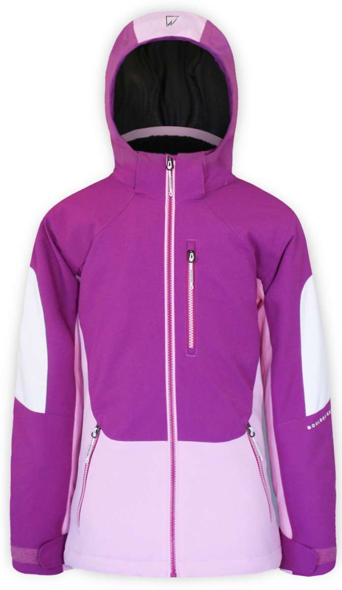 Boulder Gear Junior's Charlotte Insulated Jacket 2022-2023 - A purple and white jacket with a hood, featuring a zipper down the front and two zippered pockets on either side.