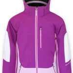 Boulder Gear Junior's Charlotte Insulated Jacket 2022-2023 - A purple and white jacket with a hood, featuring a zipper down the front and two zippered pockets on either side.