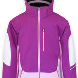 Boulder Gear Junior's Charlotte Insulated Jacket 2022-2023 - A purple and white jacket with a hood, featuring a zipper down the front and two zippered pockets on either side.
