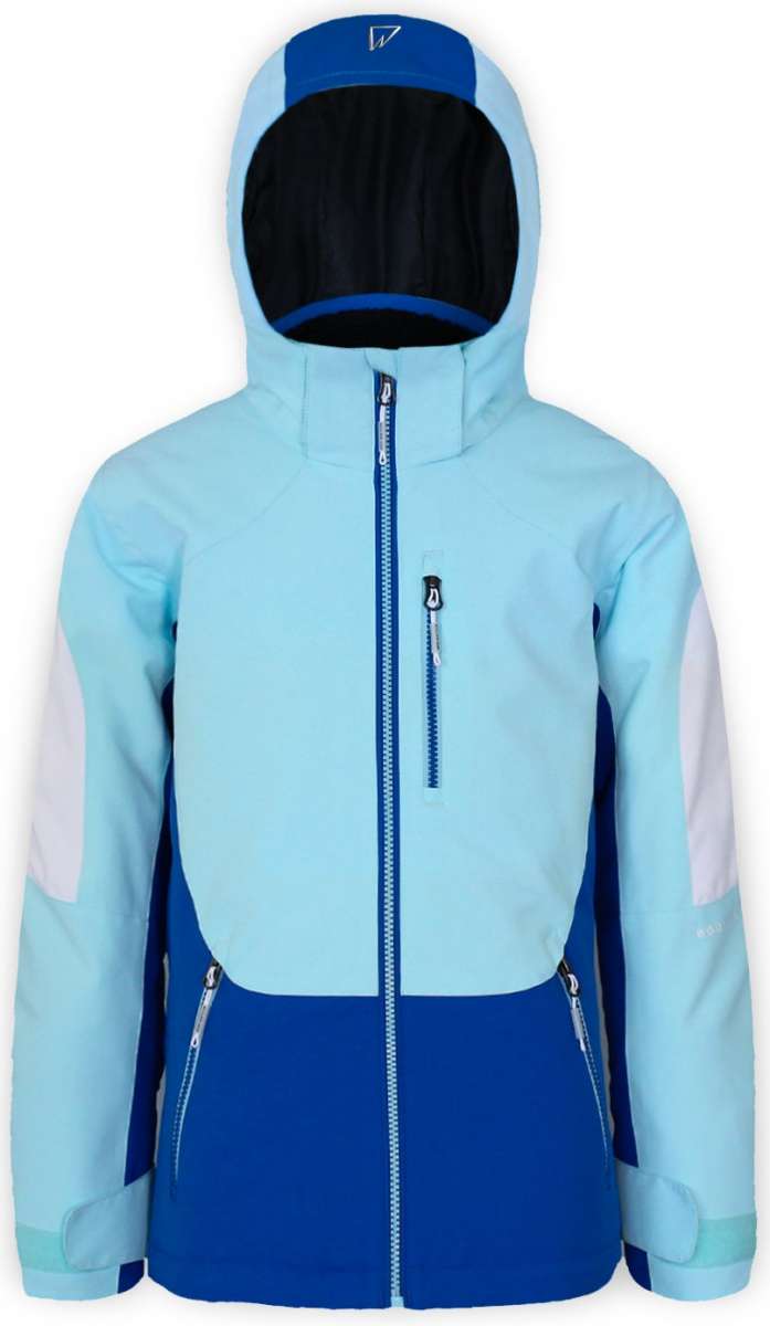 Boulder Gear Junior's Charlotte Insulated Jacket 2022-2023 - A light blue and dark blue jacket with a hood, featuring two zippered pockets on the front.