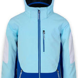 Boulder Gear Junior's Charlotte Insulated Jacket 2022-2023 - A light blue and dark blue jacket with a hood, featuring two zippered pockets on the front.
