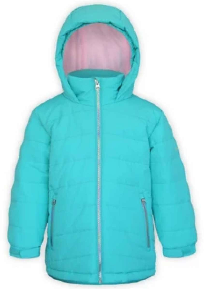 Boulder Gear Kids Devon Insulated Jacket 2024 - A turquoise insulated jacket with a hood, featuring two zippered pockets on either side of the waist.