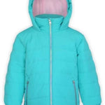 Boulder Gear Kids Devon Insulated Jacket 2024 - A turquoise insulated jacket with a hood, featuring two zippered pockets on either side of the waist.