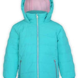 Boulder Gear Kids Devon Insulated Jacket 2024 - A turquoise insulated jacket with a hood, featuring two zippered pockets on either side of the waist.