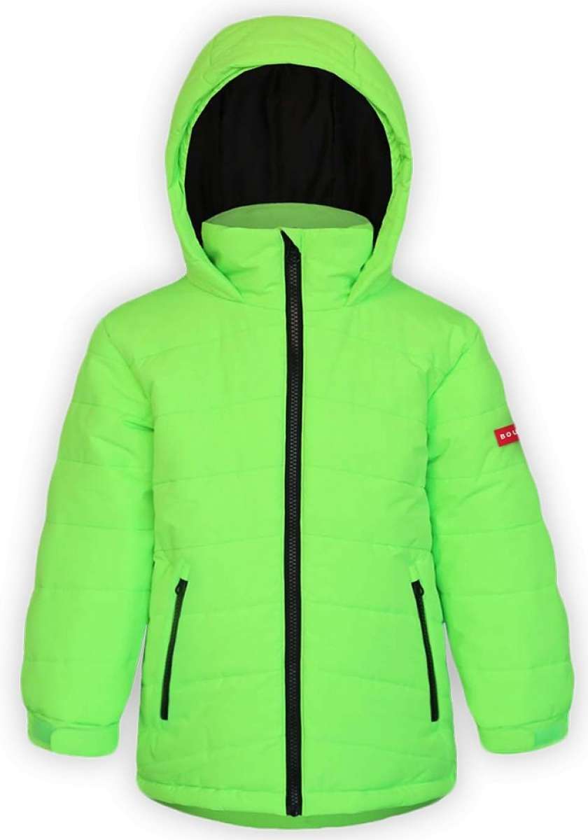 Boulder Gear Kids Devon Insulated Jacket 2024 - A lime green insulated jacket with a hood, featuring black zippers and a red logo on the left sleeve.