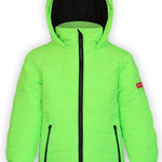Boulder Gear Kids Devon Insulated Jacket 2024 - A lime green insulated jacket with a hood, featuring black zippers and a red logo on the left sleeve.