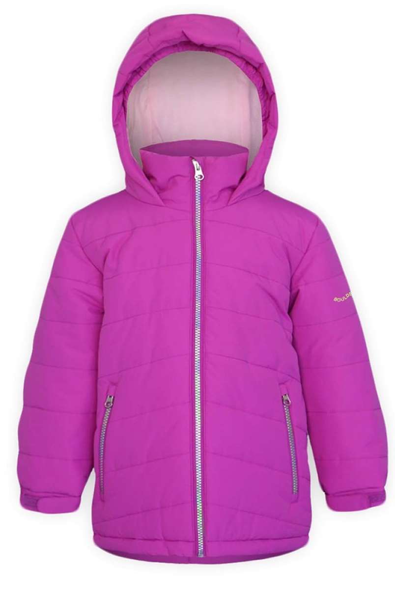 Boulder Gear Kids Devon Insulated Jacket 2024 - A bright pink insulated jacket with a hood, featuring diagonal quilted lines and two zippered pockets on either side.