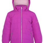 Boulder Gear Kids Devon Insulated Jacket 2024 - A bright pink insulated jacket with a hood, featuring diagonal quilted lines and two zippered pockets on either side.
