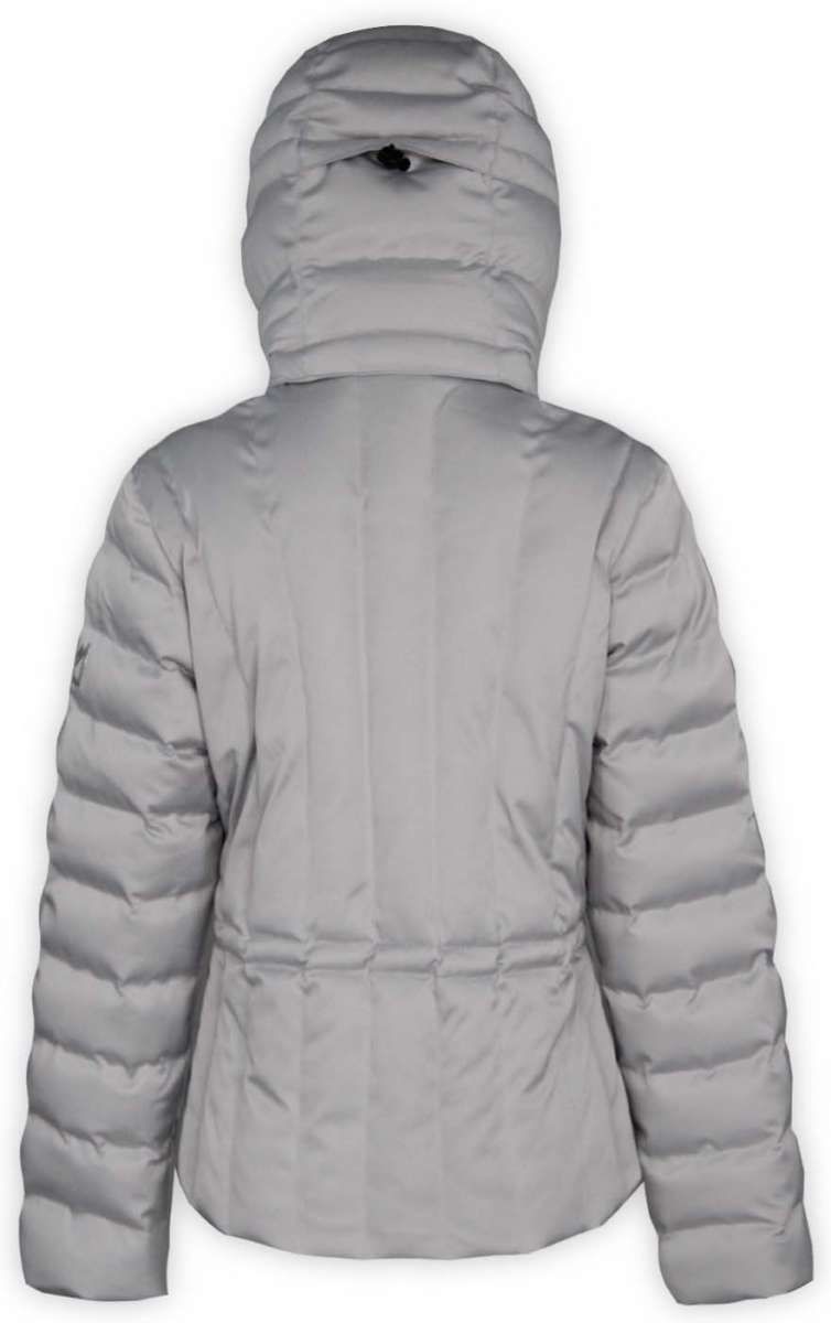 Boulder Gear Ladies Cher Insulated Jacket 2022-2023 - A light gray down-filled puffer jacket with a hood, featuring horizontal quilting and zippered pockets on both sides.