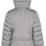 Boulder Gear Ladies Cher Insulated Jacket 2022-2023 - A light gray down-filled puffer jacket with a hood, featuring horizontal quilting and zippered pockets on both sides.