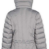 Boulder Gear Ladies Cher Insulated Jacket 2022-2023 - A light gray down-filled puffer jacket with a hood, featuring horizontal quilting and zippered pockets on both sides.