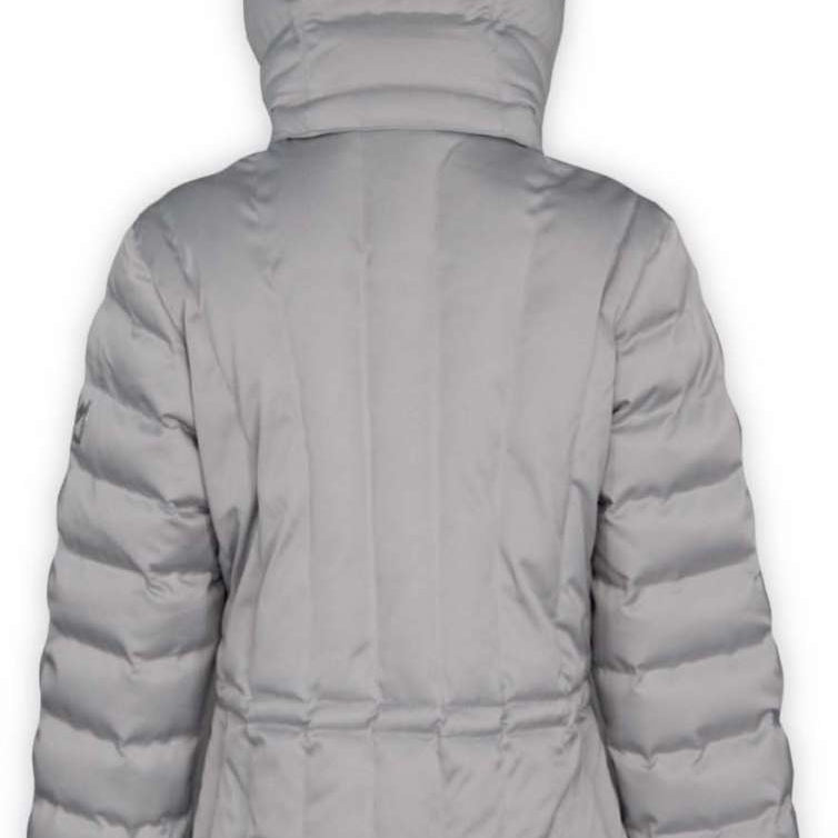 Boulder Gear Ladies Cher Insulated Jacket 2022-2023 - A light gray down-filled puffer jacket with a hood, featuring horizontal quilting and zippered pockets on both sides.