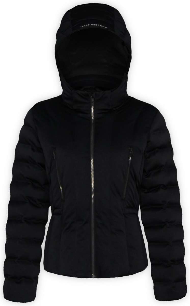 Boulder Gear Ladies Cher Insulated Jacket 2022-2023 - A black down-filled jacket with a high collar and zippered pockets, featuring a hood and two front zipper pockets.