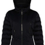 Boulder Gear Ladies Cher Insulated Jacket 2022-2023 - A black down-filled jacket with a high collar and zippered pockets, featuring a hood and two front zipper pockets.