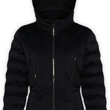 Boulder Gear Ladies Cher Insulated Jacket 2022-2023 - A black down-filled jacket with a high collar and zippered pockets, featuring a hood and two front zipper pockets.