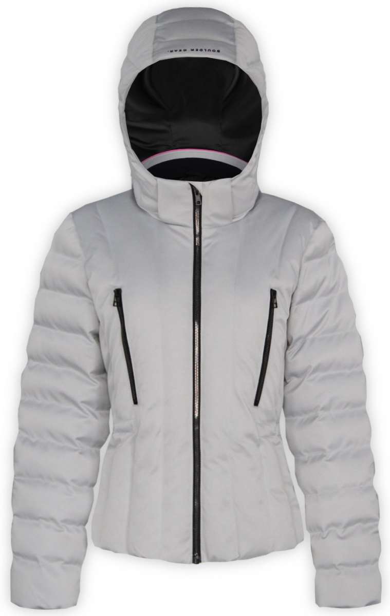 Boulder Gear Ladies Cher Insulated Jacket 2022-2023 - A light gray down-filled jacket with a hood, zippered pockets and a black zipper.