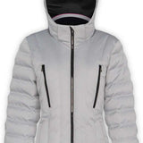 Boulder Gear Ladies Cher Insulated Jacket 2022-2023 - A light gray down-filled jacket with a hood, zippered pockets and a black zipper.