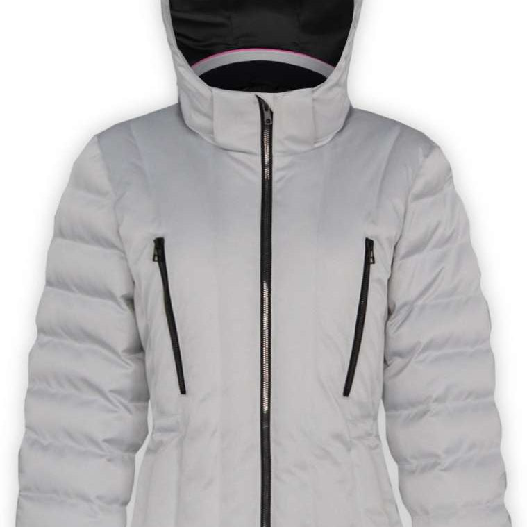 Boulder Gear Ladies Cher Insulated Jacket 2022-2023 - A light gray down-filled jacket with a hood, zippered pockets and a black zipper.