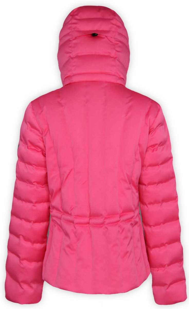 Boulder Gear Ladies Cher Insulated Jacket 2022-2023 - A bright pink puffer jacket with a hood, featuring horizontal quilting and a black zipper pull on the chest pocket.