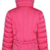 Boulder Gear Ladies Cher Insulated Jacket 2022-2023 - A bright pink puffer jacket with a hood, featuring horizontal quilting and a black zipper pull on the chest pocket.