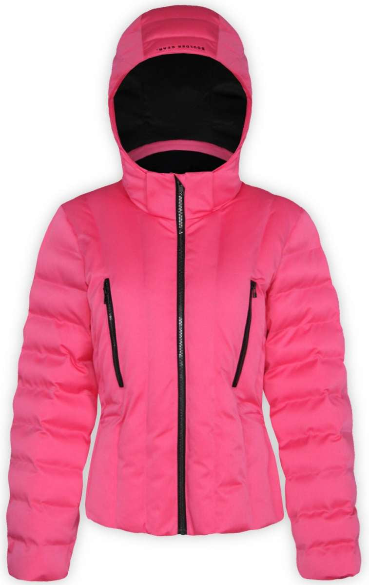 Boulder Gear Ladies Cher Insulated Jacket 2022-2023 - A bright pink jacket with a black zipper and two zippered pockets on either side of the chest.
