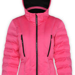 Boulder Gear Ladies Cher Insulated Jacket 2022-2023 - A bright pink jacket with a black zipper and two zippered pockets on either side of the chest.