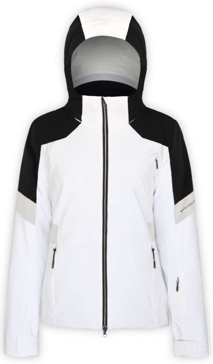 Boulder Gear Women's Deon Insulated Jacket 2022-2023 - A white jacket with black shoulders and a hood, featuring two zippered pockets on either side.