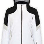 Boulder Gear Women's Deon Insulated Jacket 2022-2023 - A white jacket with black shoulders and a hood, featuring two zippered pockets on either side.