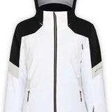 Boulder Gear Women's Deon Insulated Jacket 2022-2023 - A white jacket with black shoulders and a hood, featuring two zippered pockets on either side.