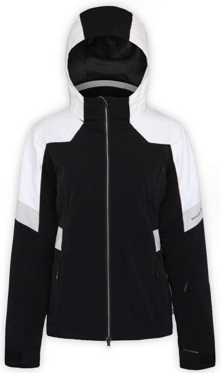 Boulder Gear Women's Deon Insulated Jacket 2022-2023 - A black and white jacket with a high collar, featuring reflective strips on the shoulders and chest.