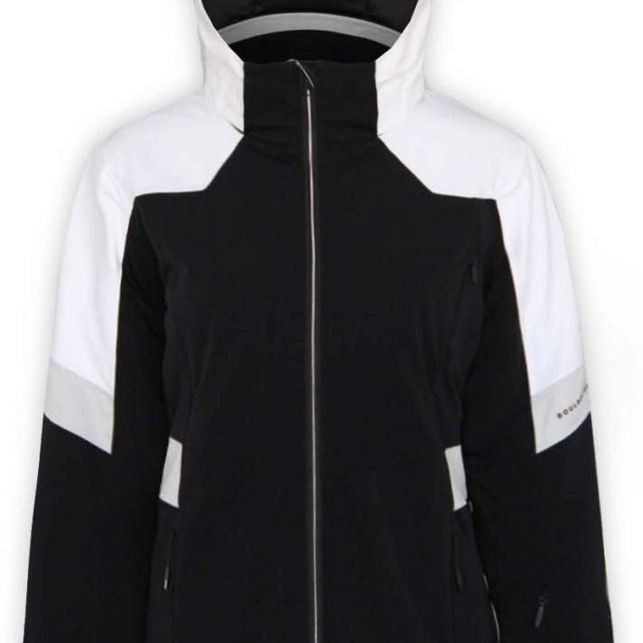 Boulder Gear Women's Deon Insulated Jacket 2022-2023 - A black and white jacket with a high collar, featuring reflective strips on the shoulders and chest.