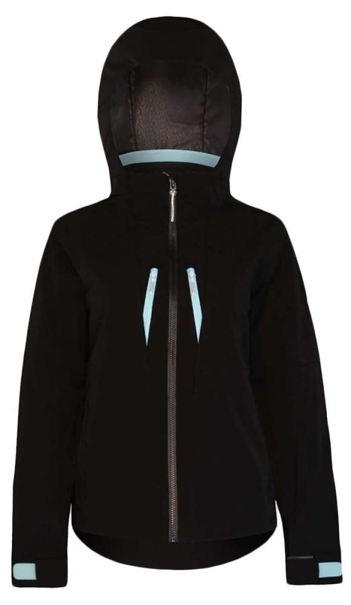 Boulder Gear Women's Jackie Tech Jacket 2024 - A black jacket with a hood, featuring light blue accents on the zipper and cuffs.