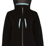 Boulder Gear Women's Jackie Tech Jacket 2024 - A black jacket with a hood, featuring light blue accents on the zipper and cuffs.