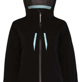 Boulder Gear Women's Jackie Tech Jacket 2024 - A black jacket with a hood, featuring light blue accents on the zipper and cuffs.