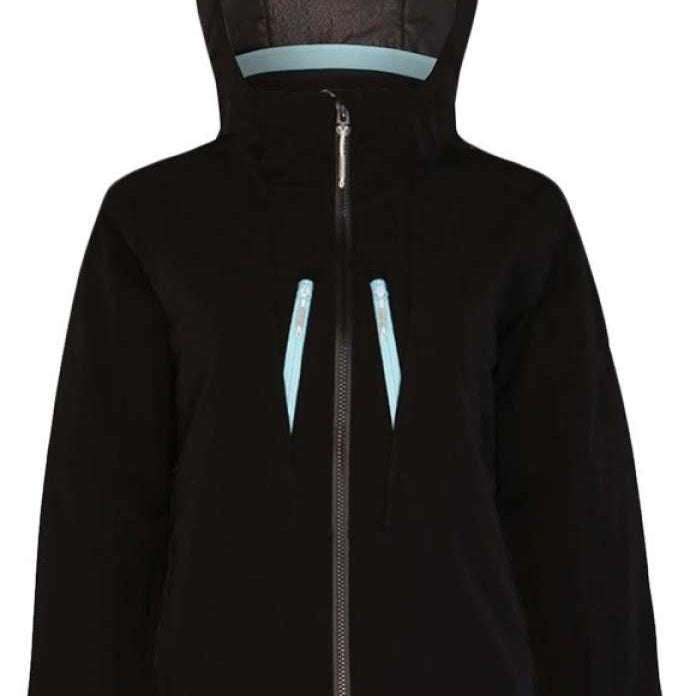 Boulder Gear Women's Jackie Tech Jacket 2024 - A black jacket with a hood, featuring light blue accents on the zipper and cuffs.