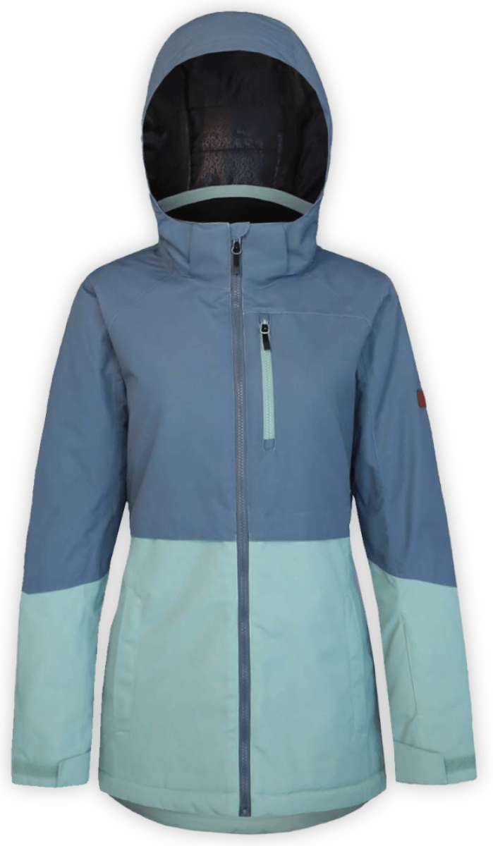 Boulder Gear Women's Jane Insulated Jacket 2024 - A blue and white jacket with a hood, featuring a zipper down the front.