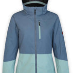 Boulder Gear Women's Jane Insulated Jacket 2024 - A blue and white jacket with a hood, featuring a zipper down the front.