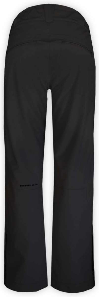 Boulder Gear Women's Journey Insulated Pant 2023 - Black insulated ski pants with a subtle logo on the left thigh and a small zippered pocket at the back.