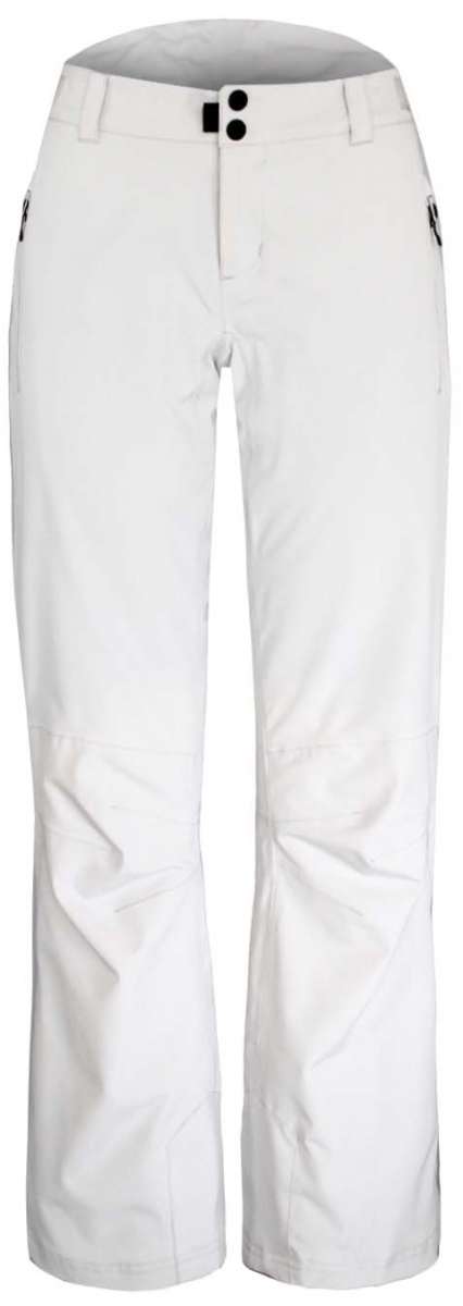 Boulder Gear Women's Journey Insulated Pant 2023 - White snow pants with black logo on left thigh and adjustable Velcro straps at waist.