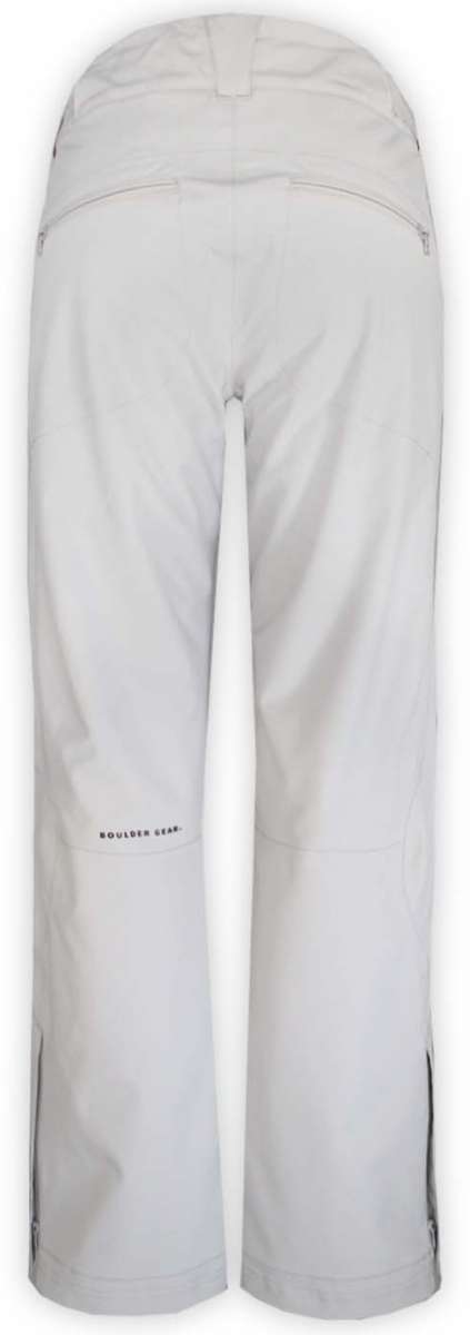 Boulder Gear Women's Journey Insulated Pant 2023 - White snow pants with a zippered pocket on the right thigh and adjustable Velcro straps at the waist.