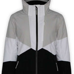 Boulder Gear Ladies Katie Insulated Jacket 2022-2023 - A black and white jacket with a hood, featuring a geometric pattern on the chest area.