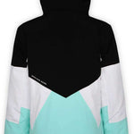 Boulder Gear Ladies Katie Insulated Jacket 2022-2023 - A black, white and aqua blue jacket with a hood, featuring a geometric pattern on the back.