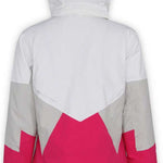 Boulder Gear Ladies Katie Insulated Jacket 2022-2023 - A white jacket with a grey and pink geometric pattern on the back, featuring a hood and zippered pockets.