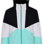 Boulder Gear Ladies Katie Insulated Jacket 2022-2023 - A black, white, and mint green jacket with a hood, featuring a zipper down the front.
