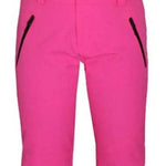 Boulder Gear Women's Marvel II Bib 2024 - A pair of pink snow bibs with black buttons down the front and adjustable straps over the shoulders.