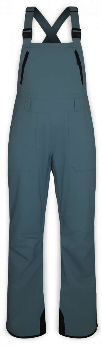 Boulder Gear Ladies Ski Bum Bib Pant 2024 - A pair of dark gray bib pants with black buckles and zippers, featuring a subtle pattern on the fabric.