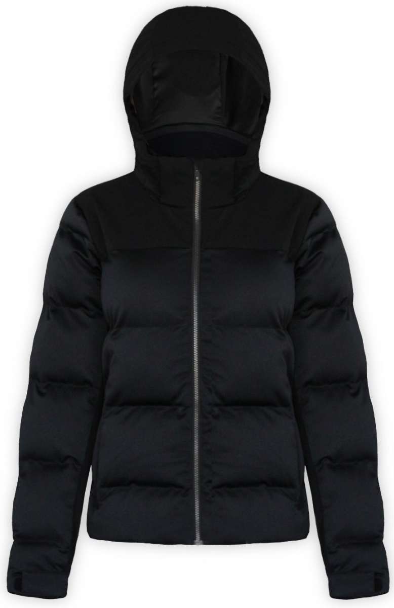Boulder Gear Ladies Tai Insulated Jacket 2022-2023 - A black down-filled puffer jacket with a hood, featuring a zipper closure and two zippered pockets on the front.