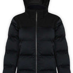 Boulder Gear Ladies Tai Insulated Jacket 2022-2023 - A black down-filled puffer jacket with a hood, featuring a zipper closure and two zippered pockets on the front.